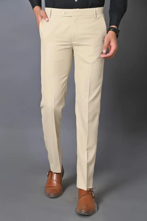 el cielo Men's Beige Regular Fit Formal Trouser