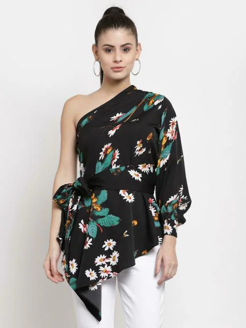 Style Quotient Women Black Floral One Shoulder Crepe Regular Longline Top