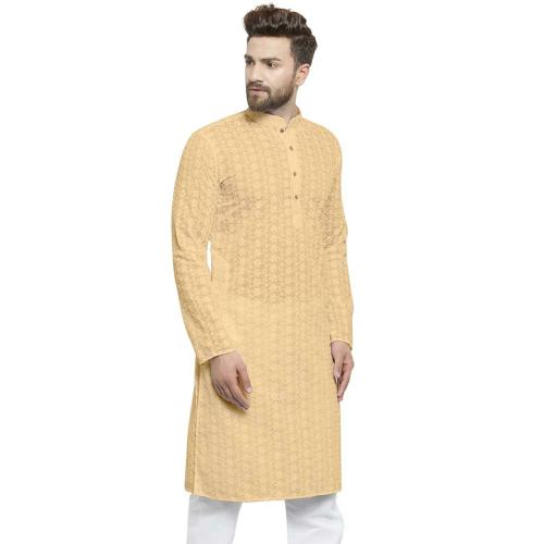 TREEMODA Men Beige Embroidered Cotton Chikankari Kurta Pyjama Sets (XXL)