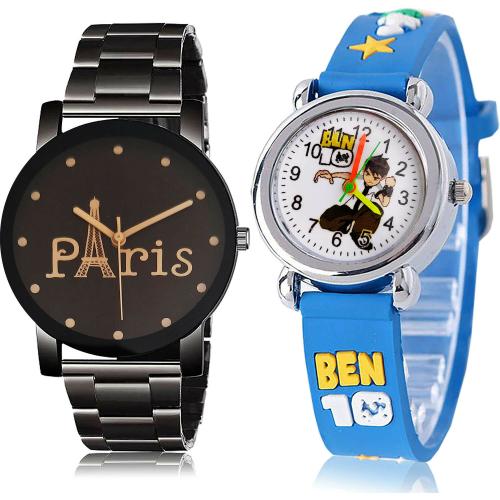 NEUTRON Latest Stylish Eiffel Tower Chain And Ben 10 Kids Black And Blue Colour Analog Metal And Plastic Belt 2 Watch Combo For Boys And Men - BCPL12-BK98