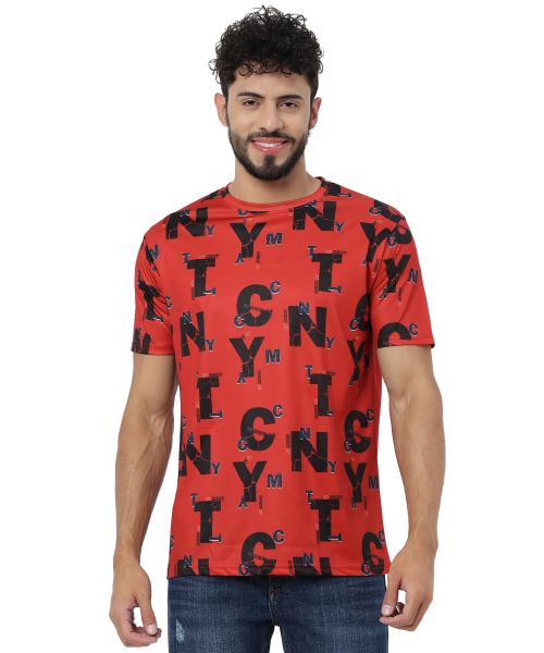 CRASTIC Men's ABCD Printed Round Neck Half Sleeve Casual Red T-shirt