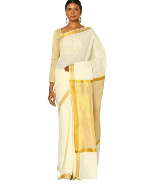 Fashionkiosks Women Cotton Tissue Pallu Kerala Kasavu Saree With Running Blouse Piece