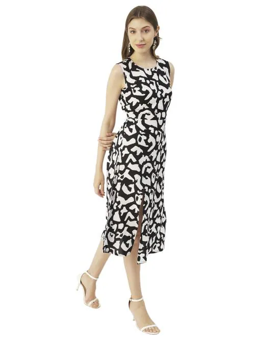 Moomaya Printed Stylish Back Dress, Front Slit Calf Length Dresses For Women
