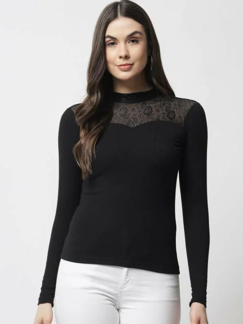 Popwings Women Casual Black Ribbed Full Sleeve Turtle Neck Net Fabric Top | Tops for Women | Tops For Women Stylish | Tops Latest Design For Women