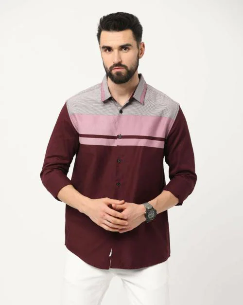 Stake Men Maroon Color Block Pure Cotton Casual Shirt