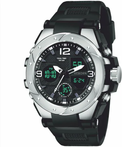 Reborn Scratch Resistant and Shock Proof Sports Stylish Analog-Digital Black Dial Black Plain Strap Watch for Men