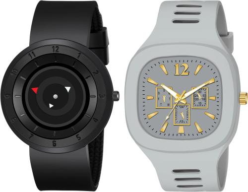 Blue Pearl Analog Black, Grey Dial Black Strap Arrow Watch For Men (Pack Of 2)