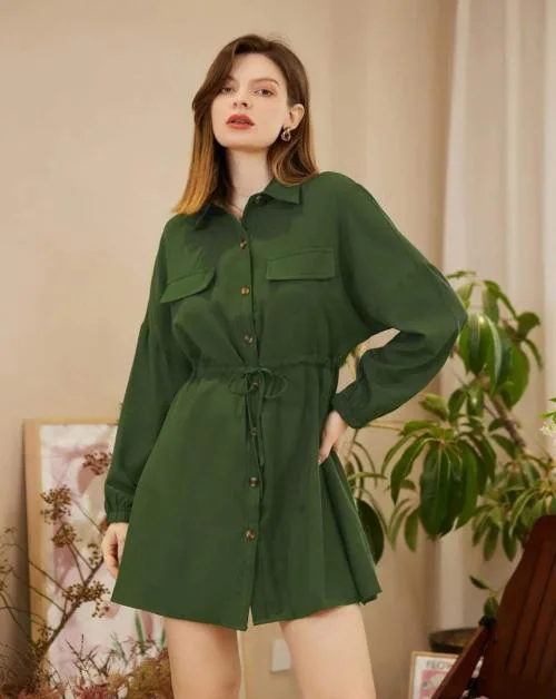 Dossier's Women PolyCotton Full Sleeves Long Shirt | Stylish Trendy Wear Long Shirts for Women | Casual Wear Long Shirts | Olive Color | XL Size