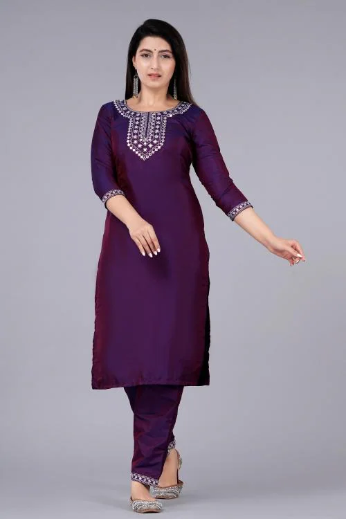 EXPORTHOUSE Silk Purple Straight Embroidered kurta with Pant Set