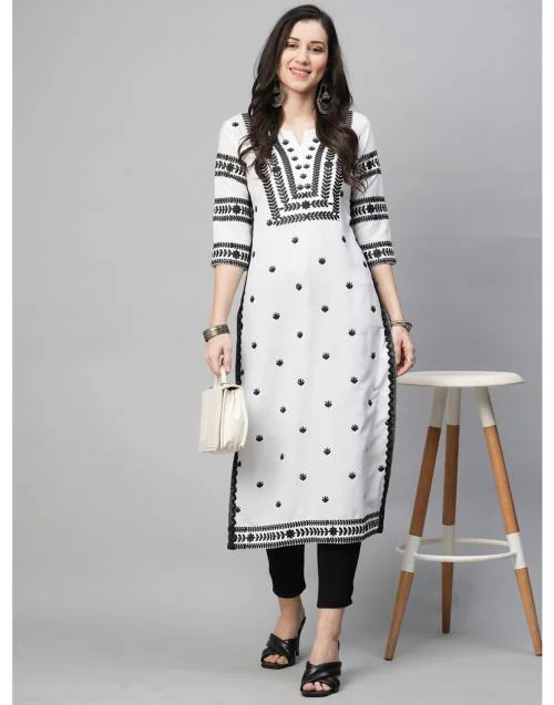 Shubhisha Fashion Women's White Cotton Blend Embroidered Straight Kurta