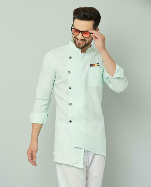 Buy Lemonx Men Green Solid Cotton Blend Asymmetric Kurta (Xl) Online at ...