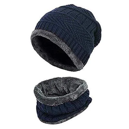 Eastern Club Winter Cap with Neck Warmer Scarf Knit Beanie Cap Hat Woolen Cap for Men & Women (Blue)