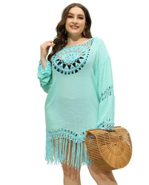 Plus Curvves Plus Size Blue Crochet Coverups Beachwear Cover Up Dress with Tassel - 3XL