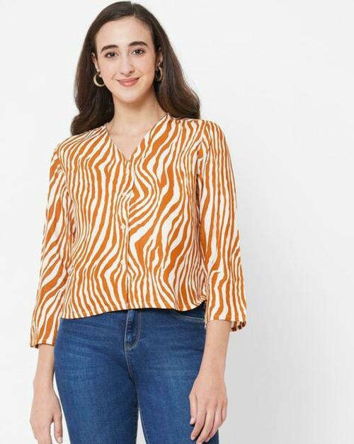 Papa Brands Women Orange Striped Viscose Shirt