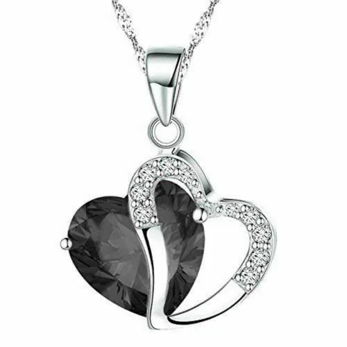 ELOISH Sterling Silver Plated Heart Pendant with Chain. Penadnt Studded with Black Stone.