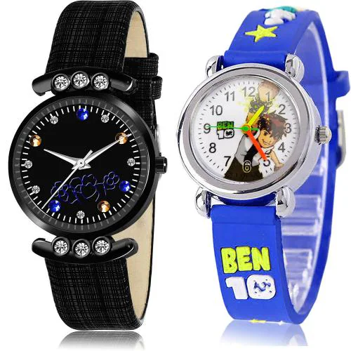 GROOT Classical Wrist Simple And Ben 10 Kids Black And Blue Colour Analog Genuine Leather And Plastic Belt 2 Watch Combo For Women And Girls - GW2-GC89