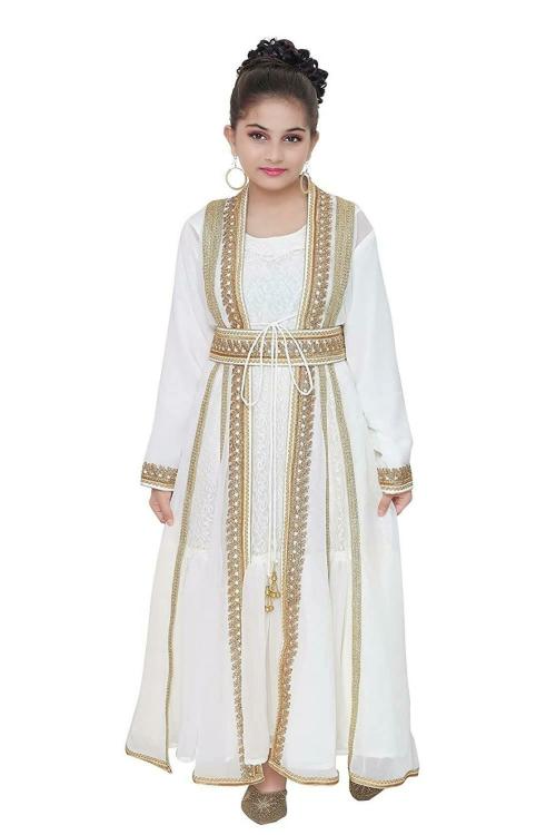 Maxim Creation Girls White and Gold Polyester Arabian Cardigan Dress, 7 to 8 years