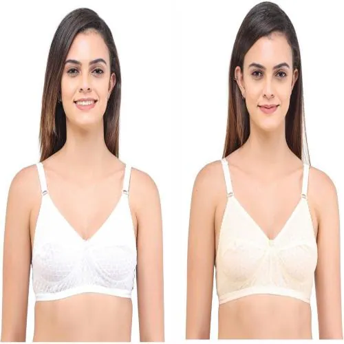Ladyland Women White, Beige Cotton Blend Pack Of 2 Full Coverage Non Padded Bra (34B)