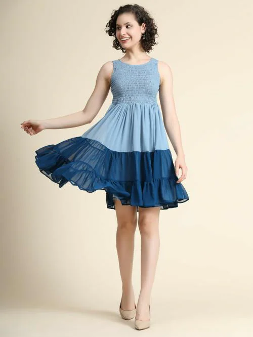 KERI PERRY Women's Pastel Blue Georgette Solid Fit & Flared Western Dress