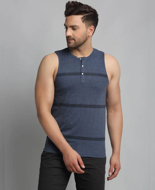 Rigo Men Blue Printed All Over Stripe Henley Neck Sleeveless Vest T-shirt