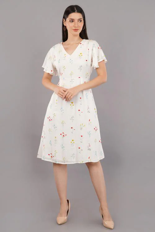 Shruthi Dress Kurti White Printed Flared Sleeve Midi Dress Ethinic Wear Women Kurta