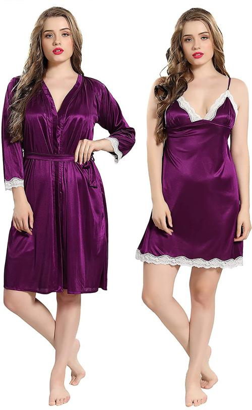Soku Shopee Purple Solid Poly Satin (Pack of 2) Babydoll