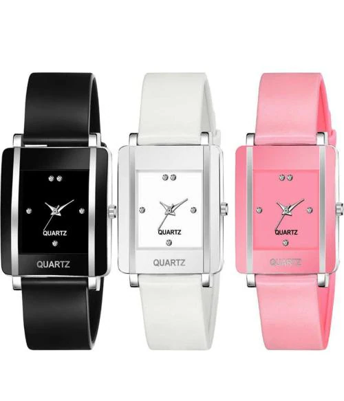 Goldenize fashion Rectangular Dial Analogue Multicolor Dial Rubber Strip Women's & Girl's Watches Combo Pack of 3