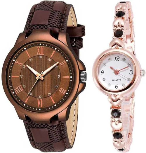 CSAMON Analog Brown Dial Brown Strap Wrist Watch for Men and Women (pack of 2)