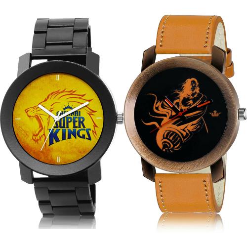 NEUTRON Classical Collegian Chennai Super Kings Squad (Csk) Ipl Chain And Mahabali Hanuman Black And Orange Colour Analog Metal And Genuine Leather Belt 2 Watch Combo For Boys And Men - IPL11-BL46.64