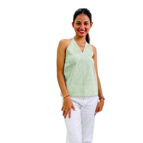 KAJRAKH Green Halter Neck Cotton Khadi for Girls and Women