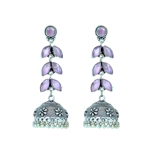 Jewelopia German Silver Drop Jhumki Oxidized Jewellery Blush Pink Gemstone Stylish Oxidised Pearl Drop Earring For Girls