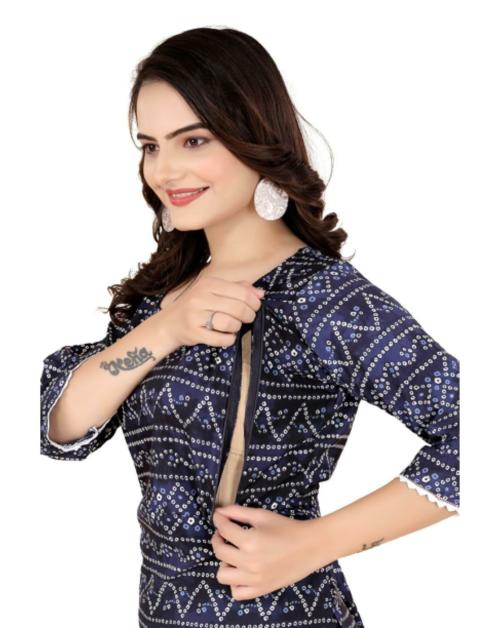 Karni Fashion Bandhni Printed Women's Straight Maternity Feeding Crepe Kurti (Blue-XXL)