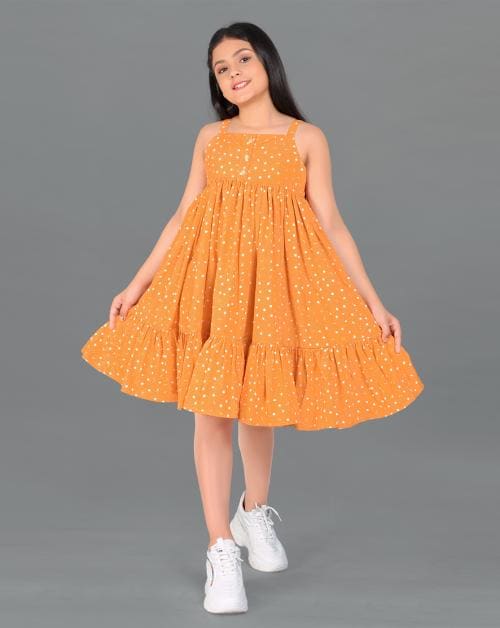 Fashion Dream Girls Orange Printed Polyester Blend Pack Of 1 Frock | Dresses | Kids Wear | Girls Dress | Kids Dress | Frock | Frock Girls | Girls Frock | Dresses For Girls | Kids Girl Dress | Frock For Girls
