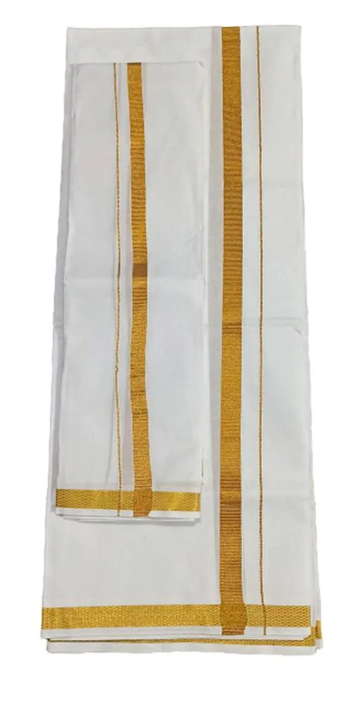 Suman Tex Suman Tex Men White, Gold Cotton Set Of 2 Single Dhoti With Angavastram