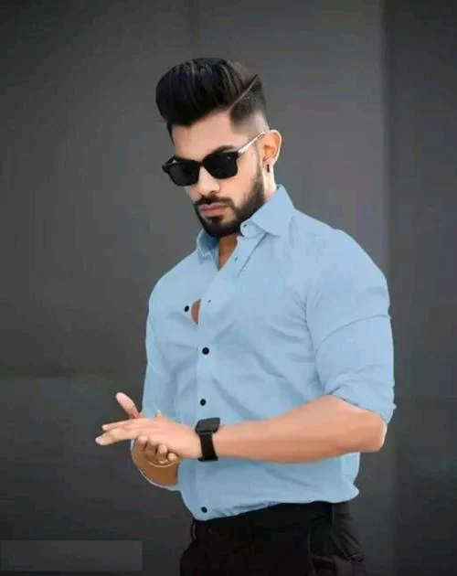 Men's STYLISH Premium FULL Sleeve Plane Shirt (Ready-Made) Light Blue