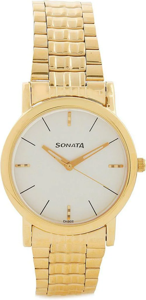 Sonata Free Size White Dial Gold Strap Analog Watch For Men - (7987YM05)