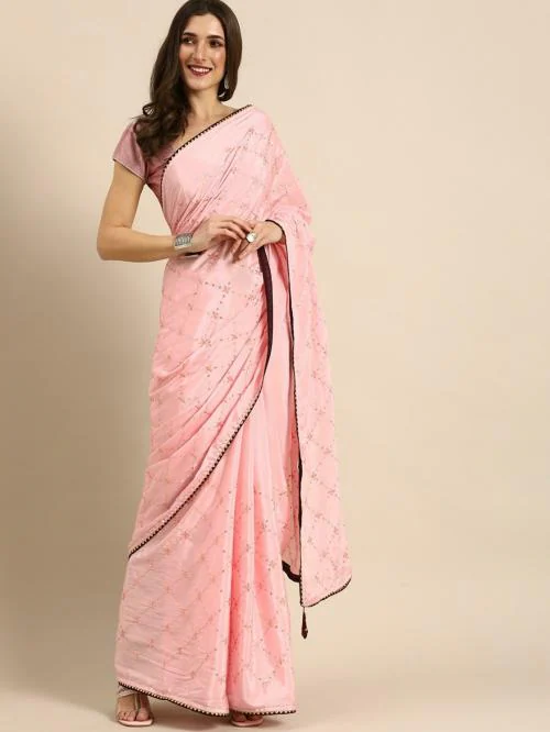 Viva N Diva Women'S Pink Poly Silk Embellished Festive Wear Saree With Blouse.