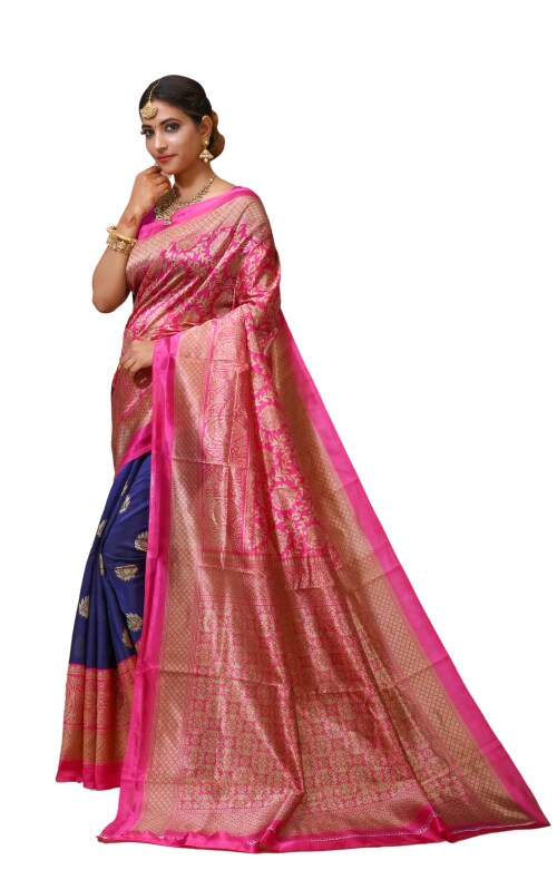 Esena Textiles Women's Heavy Silk Banarasi Saree with Unstitched Blouse piece (Peacock Blue & Bright Pink)