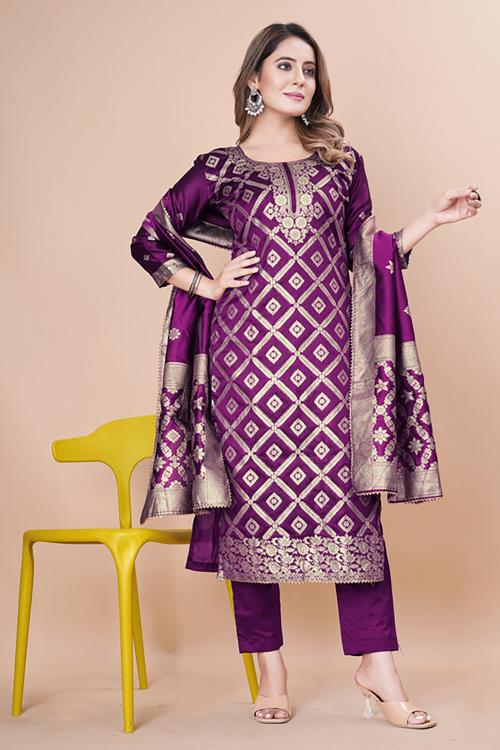 ARISHTA Women Purple Self Design Art Silk Unstitched Dress Material