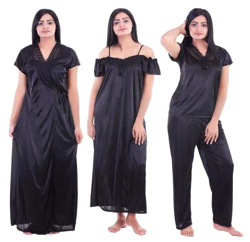 FLANKER Women's Satin Solid Nightwear Fancy Night Dress ( Set of 4 )-4PCSNS
