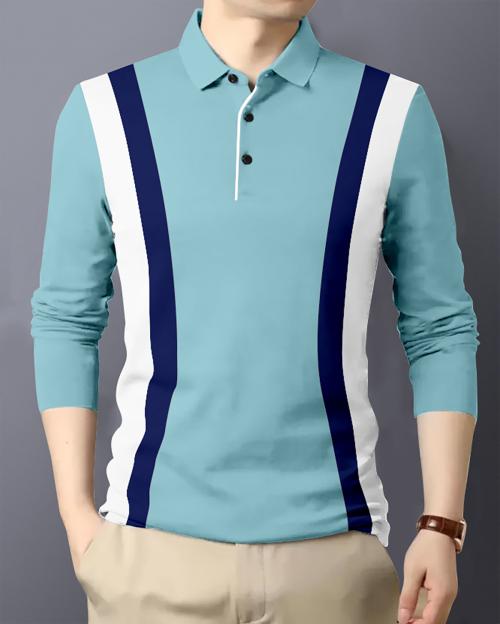 Gespo Sky Blue,Navy Blue & White Striped Polo Neck Full Sleeve Casual T-Shirt