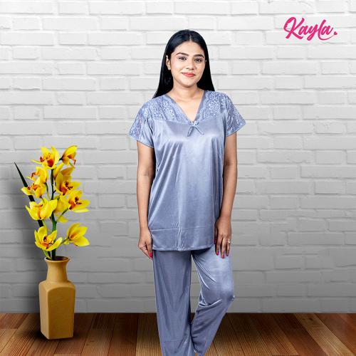 Kayla Silk Pajama Sets Stylish Top and Pant Comfortable Sleepwear Night Dresses Breathable Fabric with Pockets V neck [Grey, Free Size]