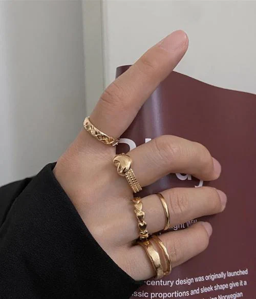 Vembley Gold Plated 5 Piece Ring Simple Heart Plain Set For Women and Girls Alloy Gold Plated Ring