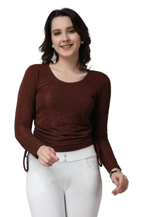 Popwings Women Casual Brown Solid Self Design Crush String Full Sleeve Crop Top