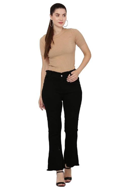 DEHLIZETRENDZ Womens Reguler High Waist Bell Bottom Jeans (Black _ 28 Size)