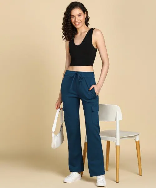 Peacock Blue Casual High-Waisted Parallel Cargo Trouser Pants for Women -699 - XL / Peacock Blue