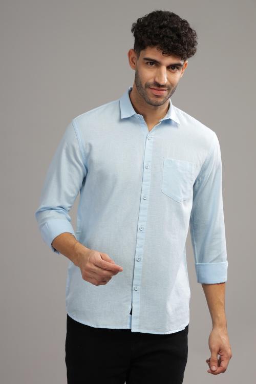 London Trance Men Light Blue Solid Pure Linen Spread Collar Casual Shirt (Size XL)