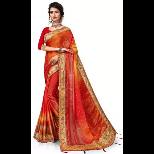 Tina Fashion Printed Bandhani Chiffon Saree (Red)