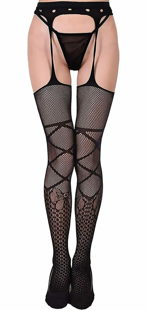 ogimi - ohh Give me Women's Sheer Fishnet Lower Body Stocking Lingerie Breathable Full Honeymoon Stocking Dress Free Size for Women and Girls (Black Design 3)
