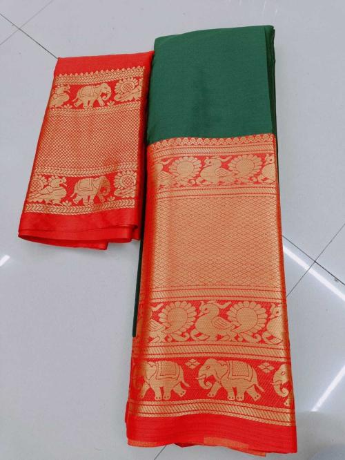 MissMellow Women Green and Red Woven Jacquard Narayanpet Saree with Unstitched Blouse